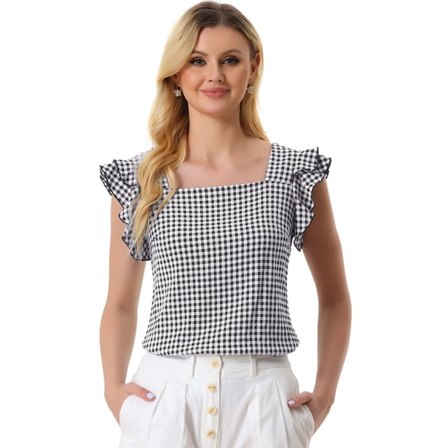 Top de verano a cuadros para mujer Blusa de manga con volantes y cuello cuadrado Negro S