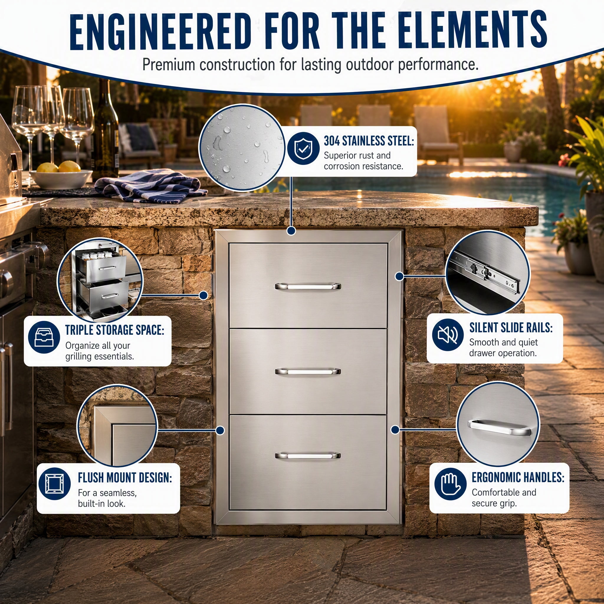 GARITIN Drawer Cabinet for Outdoor Kitchen or Courtyard, Stainless Steel Storage Drawer Cabinet with Multiple Drawers for Outdoor Patio, Silver