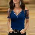 thumbnail image 1 of Femmes Tops Femmes Été Tops 2023 Femmes Casual V-Cou Chaud Forage Froid Épaule Net Fil Manches Courtes Solide T-Shirt Tops Bleu XL, 1 of 9