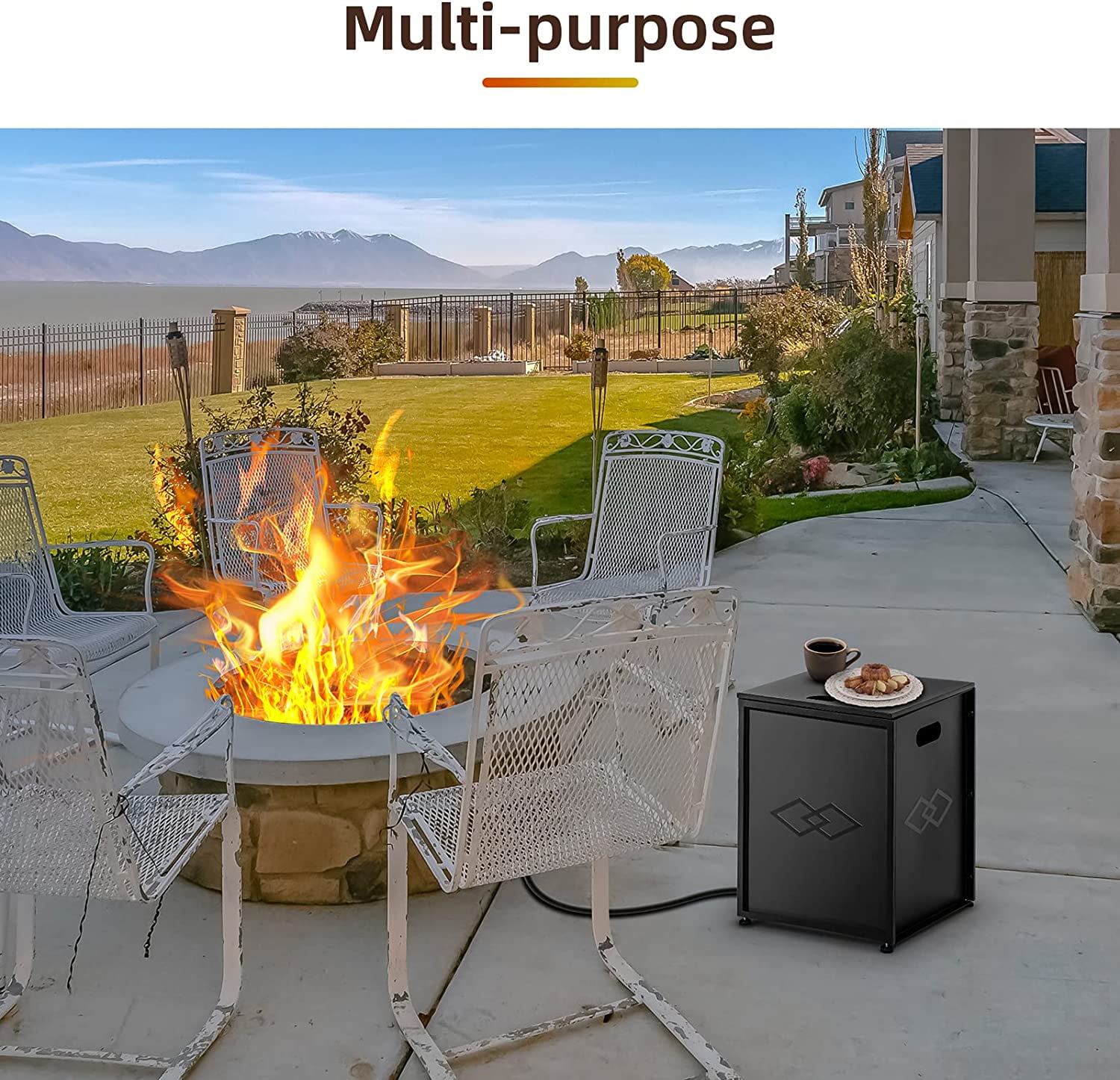 Lumiparty 16 in Propane Metal Tank Cover Table for Gas Fire Pits, Hides Any Standard 20 LB Propane Tanks, Hideaway Table with Side Handles, Black