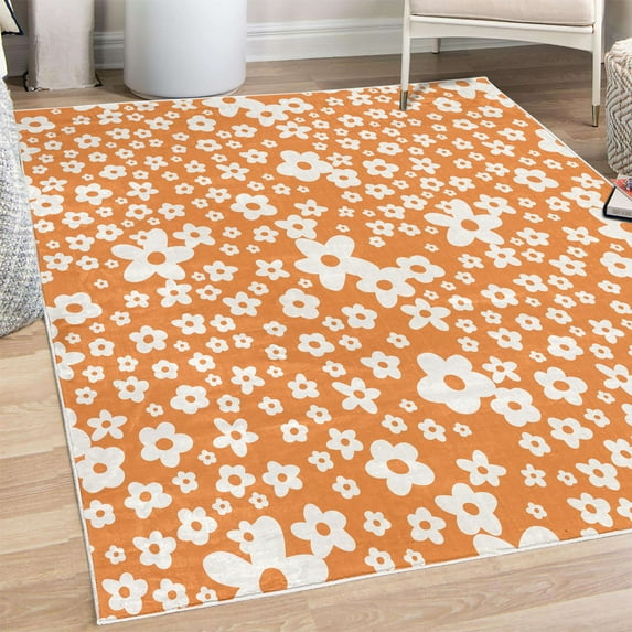 Floral Decorative Rug, Graphic Daisy Blossoms Design Colorful Background Spring Flowers Art, Quality Carpet for Bedroom Dorm and Living Room, 6 Sizes, Persian Orange, by Ambesonne