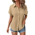 thumbnail image 6 of Pxiakgy Women Linen Button Down Shirt Rolled Cuffed Short Sleeve Blouse Ladies Summer Casual V Neck Beach Double Layer Wrinkled Fabric Tops Batwing Sleeve Pocket Patched Shirt Khaki M, 6 of 7