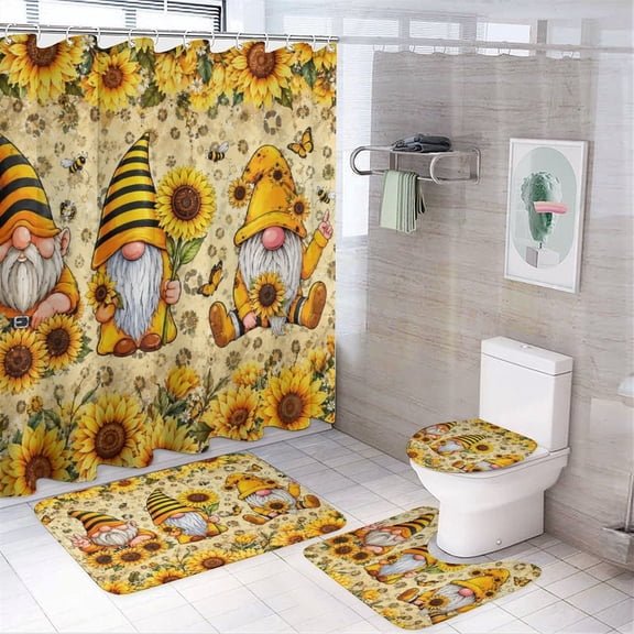 Cute Sunflower Gnome with Striped Hats 4-Piece Shower Curtain Set with Bath Mats and Toilet Lid Cover for Bathroom Decor