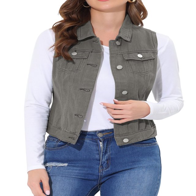 Allegra K Women‘s Washed Chest Flap Pockets Single Breasted Denim Vest Jacket
