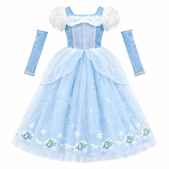 Girls Sky Blue Puff Sleeve Tulle Party Gown, Kids Fantasy Ball Dress for Birthday, Halloween Cosplay & Themed Events, Ages 3-8