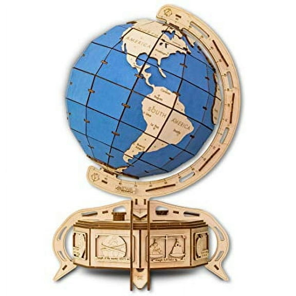 EWA Eco-Wood-Art 3D Wooden Puzzle for Adults and Teens - Mechanical Rotating Globe Model - DIY Kit with Secret Lock-Box, Self-Assembly, No Glue Required