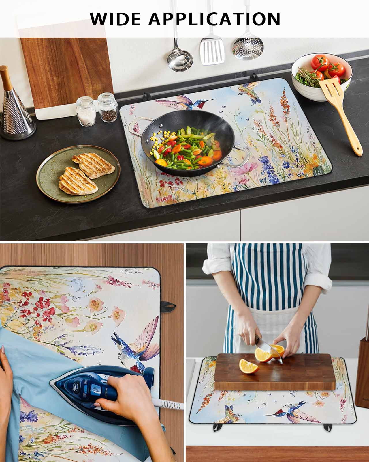 nqOlkjepod Large Induction Cooktop Protector Mat 24"x21", Spring Hummingbird Floral Stove Top Covers for Electric Stove, Farmhouse Flower Botanical Stove Burner Cover Mats, Glass Top Stove Cover