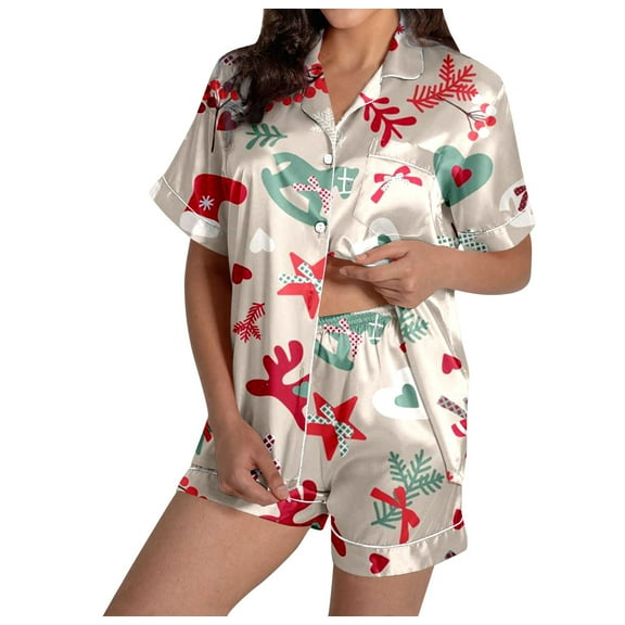 Pajama Sets for Women 2 Piece Casual and Fashionable Snowman Santa Star Christmas Print Silk Satin Short Sleeved Womens Pjs Sets
