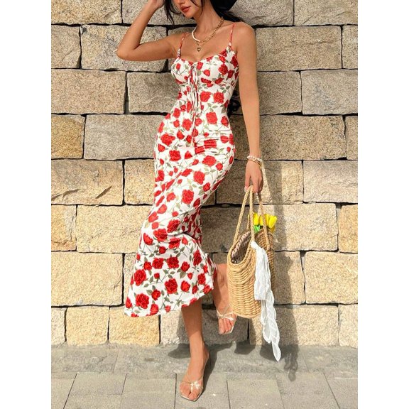Floral Wrap Bust Tie-Waist Maxi Dress White Background With Red Roses