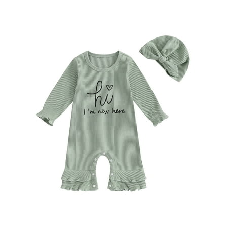 

Loalirando Newborn Girl Ribbed Set Letter Ruffle Sleeve Layered Romper Knot Hat