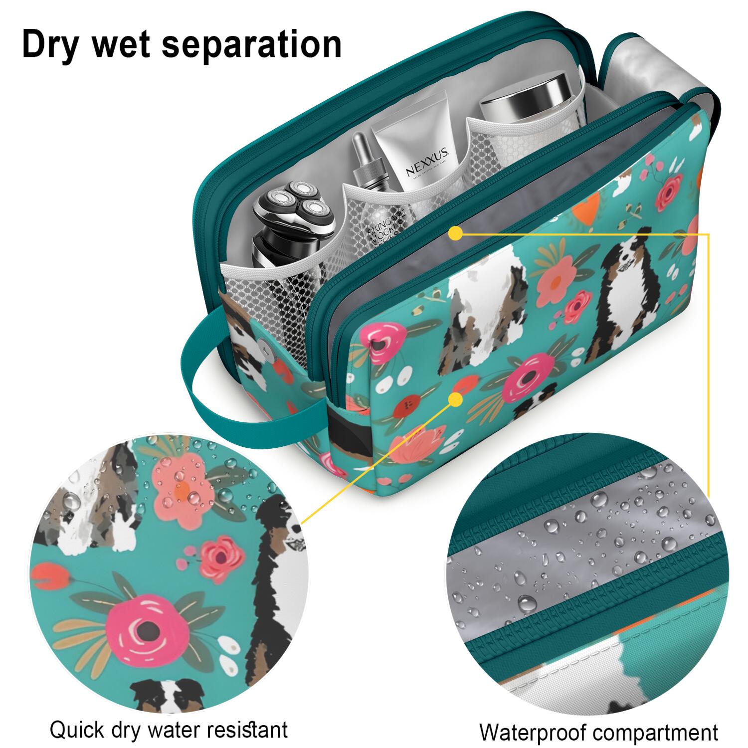 Toiletries Bag,Australian Shepherd Dog and Flower Mens Womens Toiletry Bag Bathroom Bag,Waterproof Toiletry Travel Bag Dopp Kit Shaving Bag 11x6.3x5.1 Inch