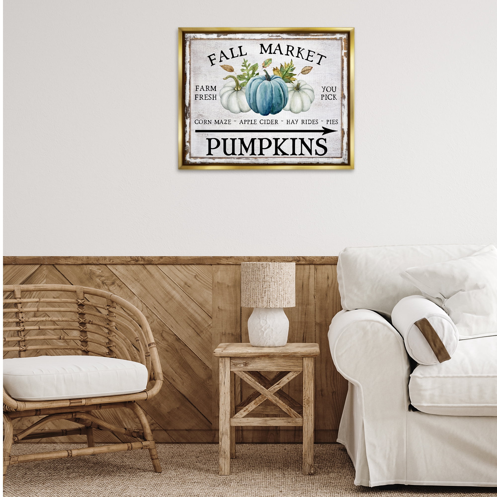Stupell Industries Fall Market with Arrow Holiday Painting Gold Floater Framed Canvas Art Prints Wall Art, 31 x 25