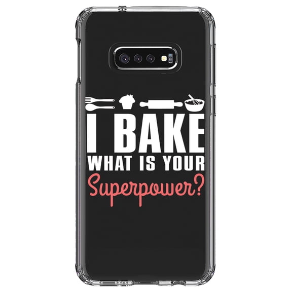 DistinctInk Clear Shockproof Hybrid Case for Samsung Galaxy S10e (5.8" Screen) - TPU Bumper Acrylic Back Tempered Glass Screen Protector - I Bake What is Your Superpower