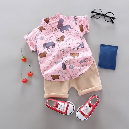 Baby Outfits Boy Animal-Print Short Sleeve Collared Shirt And Solid Color Shorts 2 Pcs Boys Clothing Sets Pink
