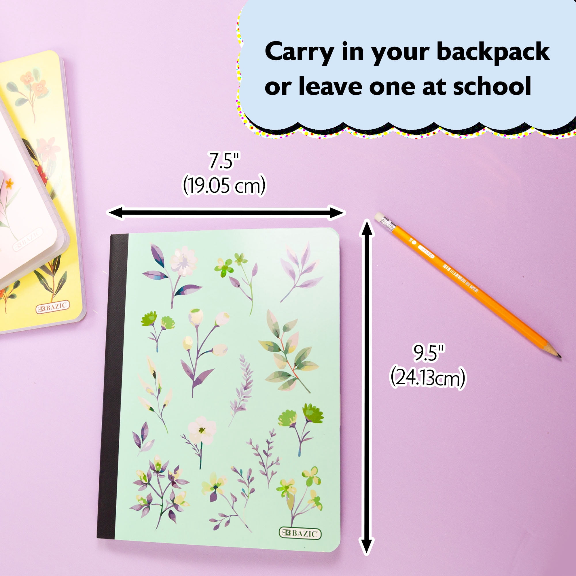 BAZIC Composition Notebook College Ruled, 100 Sheets Floral Print Poly Cover Notebooks, 4-Pack