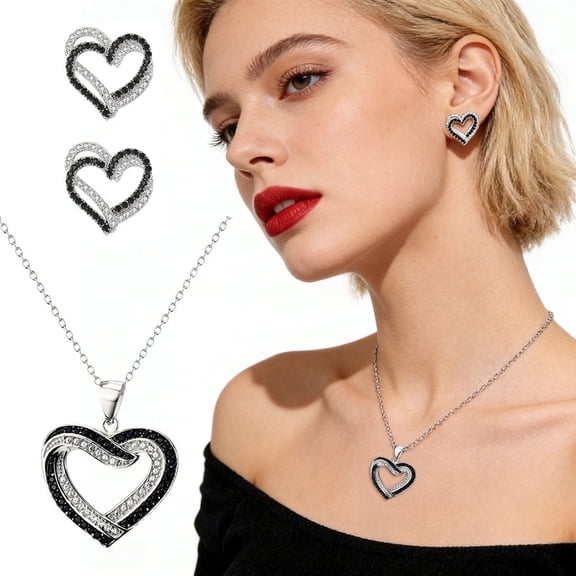 SmartBy Overlapping Hearts Jewelry Set Black White Rhinestone Hearts Necklace And Earrings Double Heart Pendant Jewelry for Parties Weddings Celebrations