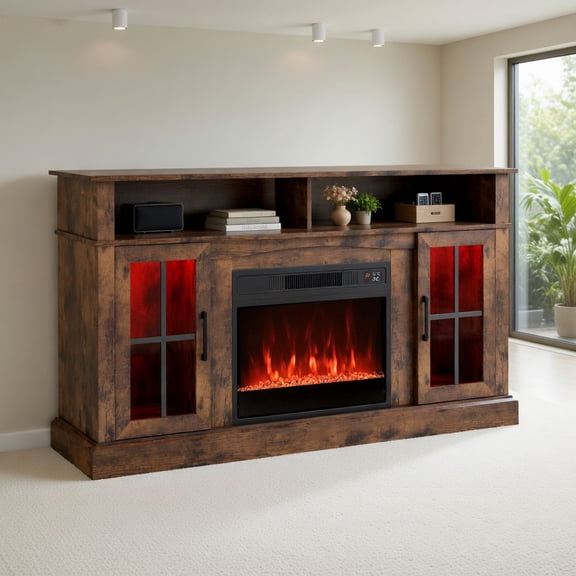 Spaco Rustic Brown 58 Inch Fireplace TV Stand with LED Lights, Storage Cabinets & Glass Doors, Electric Fireplace Entertainment Center for TVs up to 65 Inch