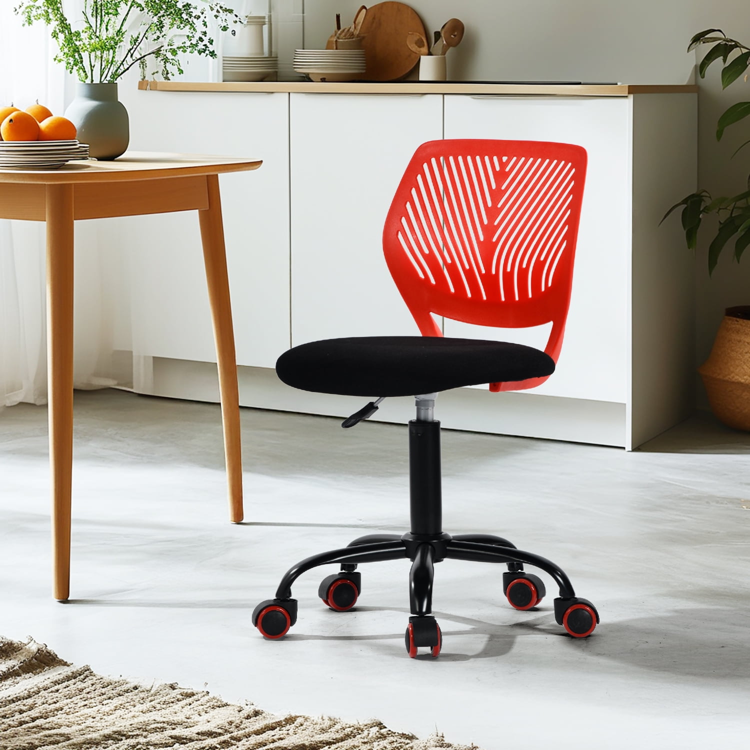 Homy Casa Kids Desk Chair, Adjustable Armless Swivel Task Chair with Wheels, Red and Black
