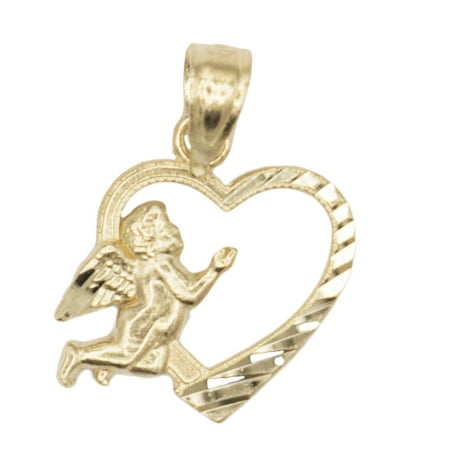 - 10k Solid Yellow Gold Praying Angel in Love Heart Pendant Necklace, Prayer Jewelry for Romantic and Religious Occasions