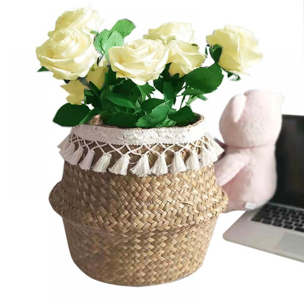 Foldable Seagrass Belly Woven Basket Flower Plants Pots Storage Bag Home Decors 