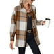 thumbnail image 1 of Mujeres Plaid camisa alta baja hem turn Abrigos de plumas collar clásico manga larga cardigan para mujer señora khaki L, 1 of 8