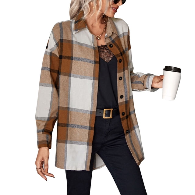 Camisa a cuadros para mujer, dobladillo alto y bajo, cuello vuelto, cárdigan clásico de manga larga para mujer, color caqui S
