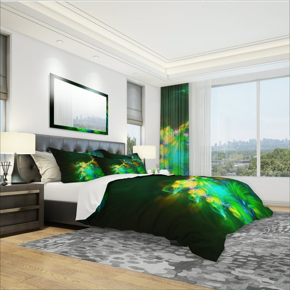 Designart 'Bright Green Fractal Flower in Dark' Modern & Contemporary Duvet Cover Set