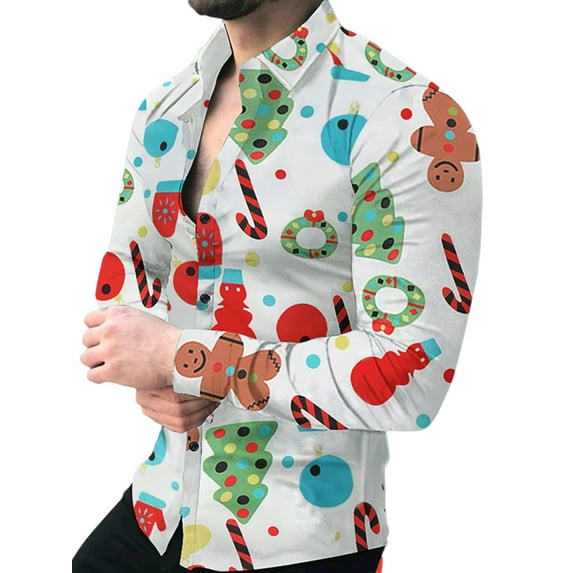 DYMADE Men Christmas Printed Long Sleeve Lapel Shirt Relaxed Fit Casual Top