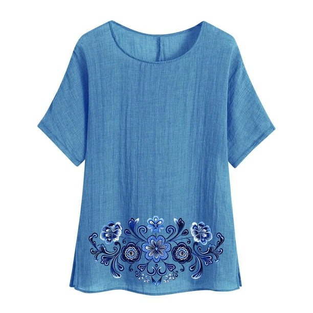 Camiseta de Mujer Camiseta de Manga Corta Impresión Casual Raglan Suelto de Lino Top Blusas, Cuello de la Tripulación