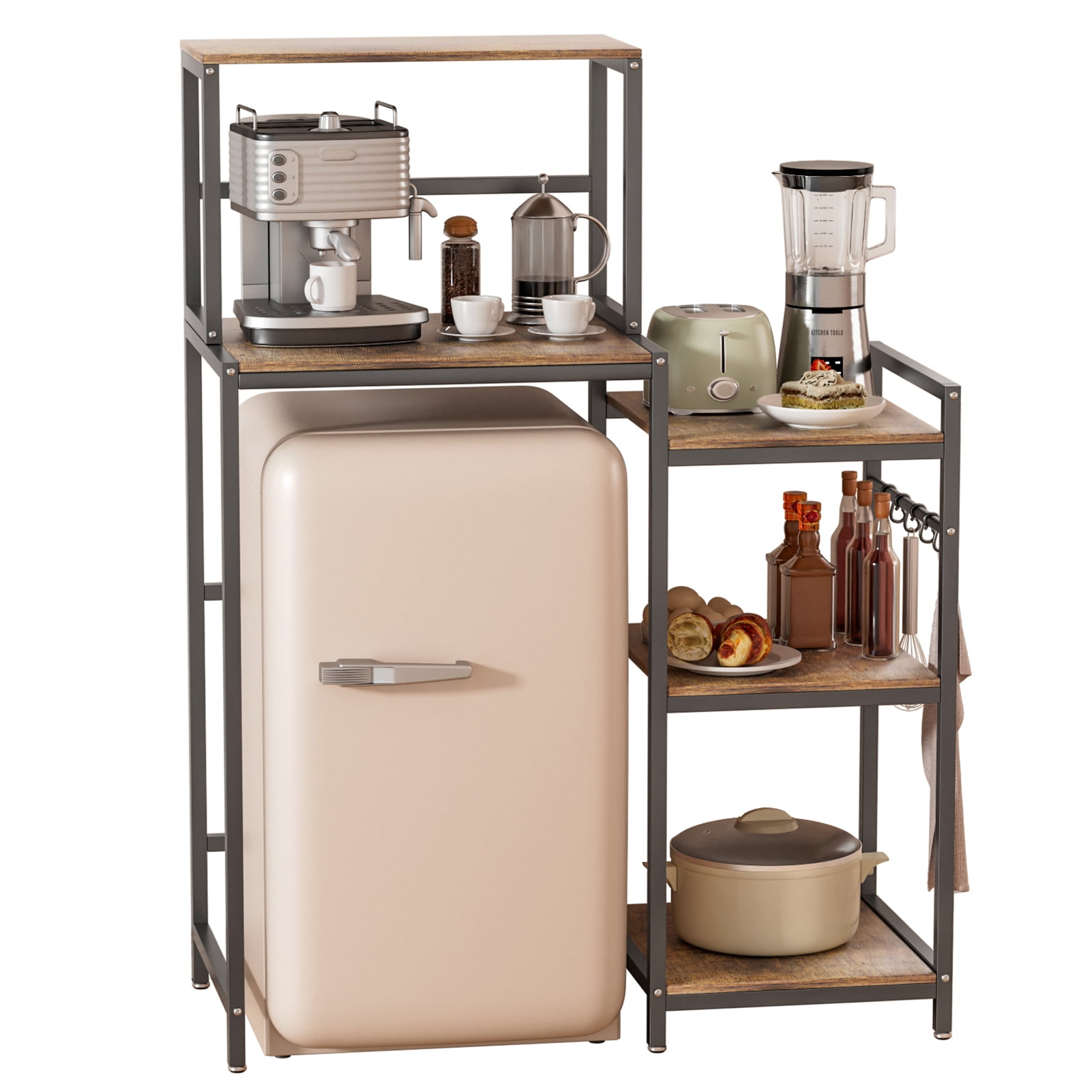 ziertyon Mini Fridge Stand with Storage Shelves, 5-Tier Kitchen Bakers Rack, Space Saving Mini Fridge Cabinet, Adjustable Left/Right Organizer with Power Outlet, Black