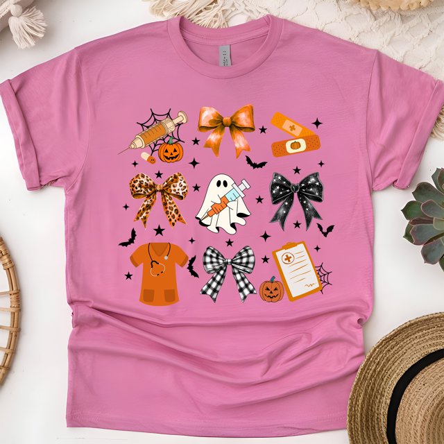 Nurse Graphic T-Shirt | Cute Ghost with Syringe and Bow Design Tee, Heliconia, Size 3XL