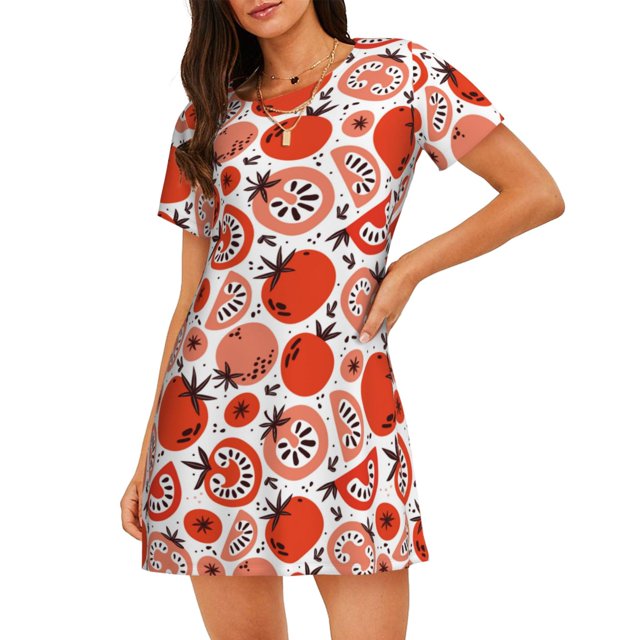 Balery Hand Drawn Tomatoes Camisón de manga corta con cuello redondo para mujer, cómodo y elegante.