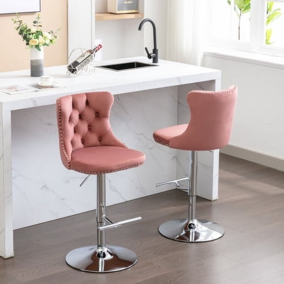 Xukmct 2 Pack Velvet Swivel Barstools with Metal Frame, Adjusatble Seat Height Bar Stools Chair for Home, Kitchen, Dining Room, Pink