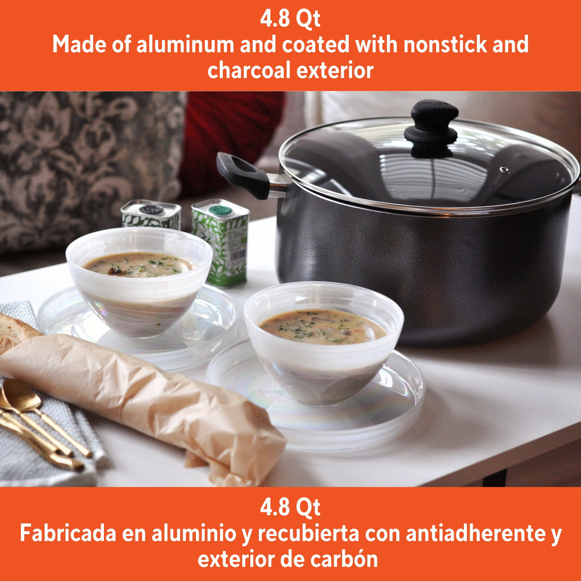 IMUSA 4.8qt Charcoal Aluminum Nonstick Stock Pot with Glass Lid & Soft touch Handles, Black