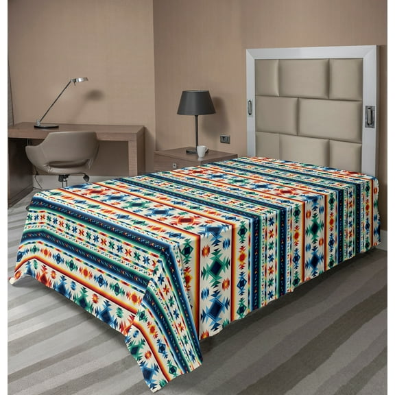 Ambesonne Abstract Flat Sheet, Aztec Geometry Prehistoric, Twin Size, Blue White and Orange