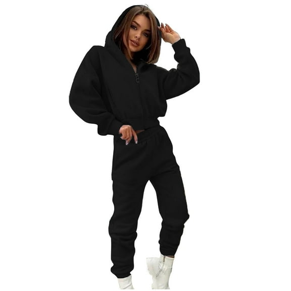 Scyoekwg Womens Tracksuits 2 Piece Set Fall Outfits Long Sleeve Hooded Sweatshirt Jogger Sweatpant Fashion Two Piece Set Casual Sweatsuits (Black,S)