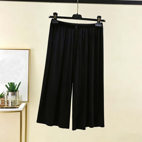 Womens Wide Leg Capri Pants Black Plus Size, Soft Lounge Pants with Elastic Waist,Black Casual Modal Blend Cropped Pants,Size M