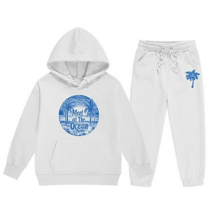 SUXIAN Child Boys Girls Long Sleeve Solid Warm Hoodie Pullover Tops Pants Kids Outfits Sweat Suit Lightweight Fall Winter Outfits Set White 160