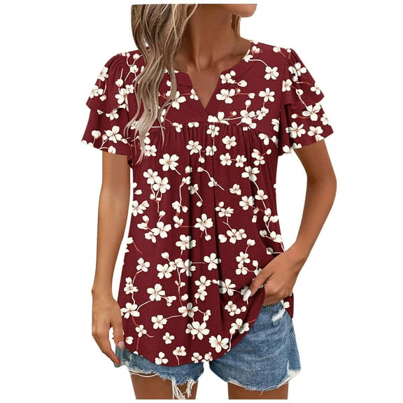 cocolona Womens Summer Casual Dressy Blouse V Neck Ruffle Short Sleeve Front Pleated Tops Fashion Floral Print T-Shirts
