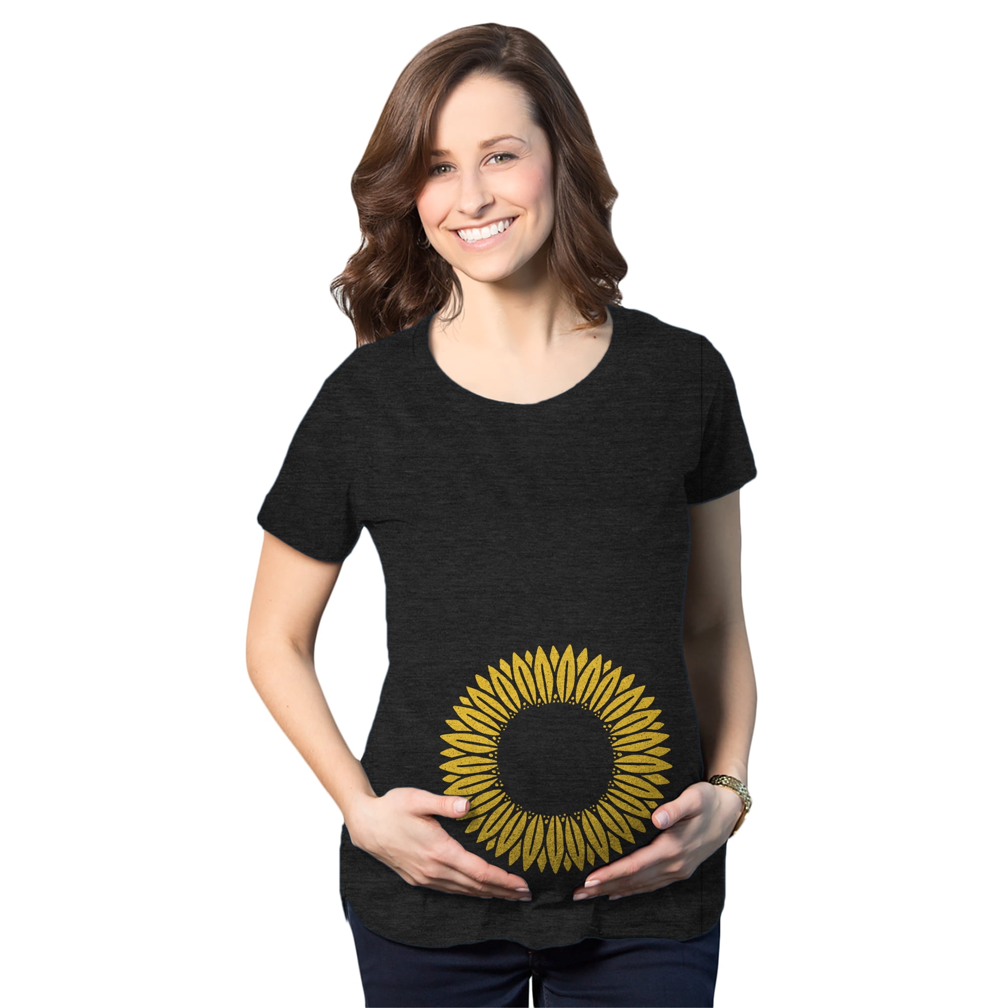 Maternity Sunflower T shirt Cute Spring Summer Pregnancy Announcement Baby  Bump (Heather Black) - M