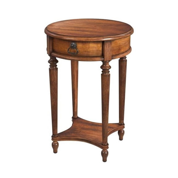 26 in. Antique Cherry Solid & Manufactured Wood Round End Table with Drawer & Shelf