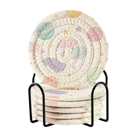 

6-Piece Premium Drink Coaster Set with Holder – Absorbent Cotton Woven Coasters for All Beverages Minimalist Home Decor & Table Protection. Colorful Planets Stars Clouds