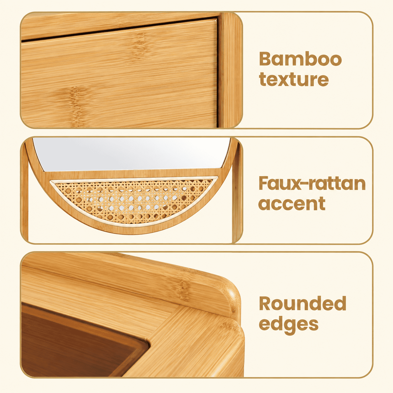Furnibear Small Vanity Desk and Stool Set with Rotating Mirror and 2 Drawers, Bamboo Makeup Dressing Table with 3 Shelves for Small Bedroom, Natural