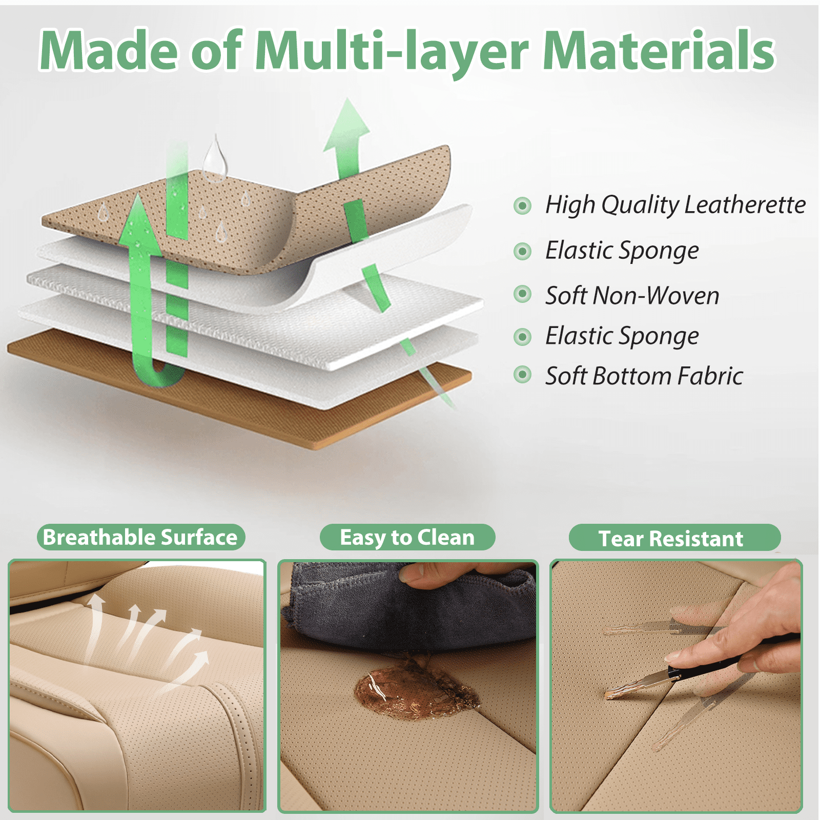 2 Pack Leather Front Car Seat Cover Bottom Only, Anti-Slip Padded Seat Cushion, Full Wrap Seat Protector with Storage Function Universal Fit for Most Cars, SUV, Pick-up Trucks (Beige)