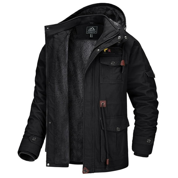 TACVASEN Men's Winter Coat Military Jacket Fleece Lined Parka Cotton Cargo Outerwear Black M