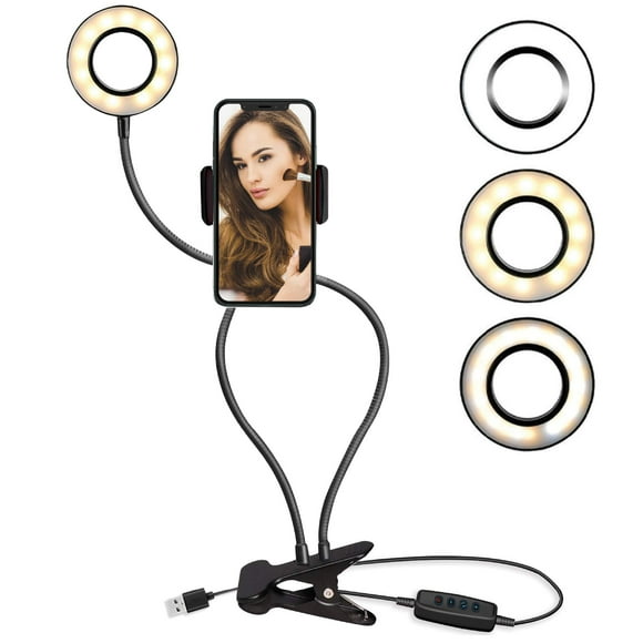 TalkWorks Selfie Ring Light Cell Phone Holder Compatible w/iPhone 15/14/13/12/SE/11/XR/XS/X/8/7/6 Mini/Plus/Pro/Pro Max - Flexible Clip USB LED Stand for Live Streaming w/10 Brightness Levels (Black)