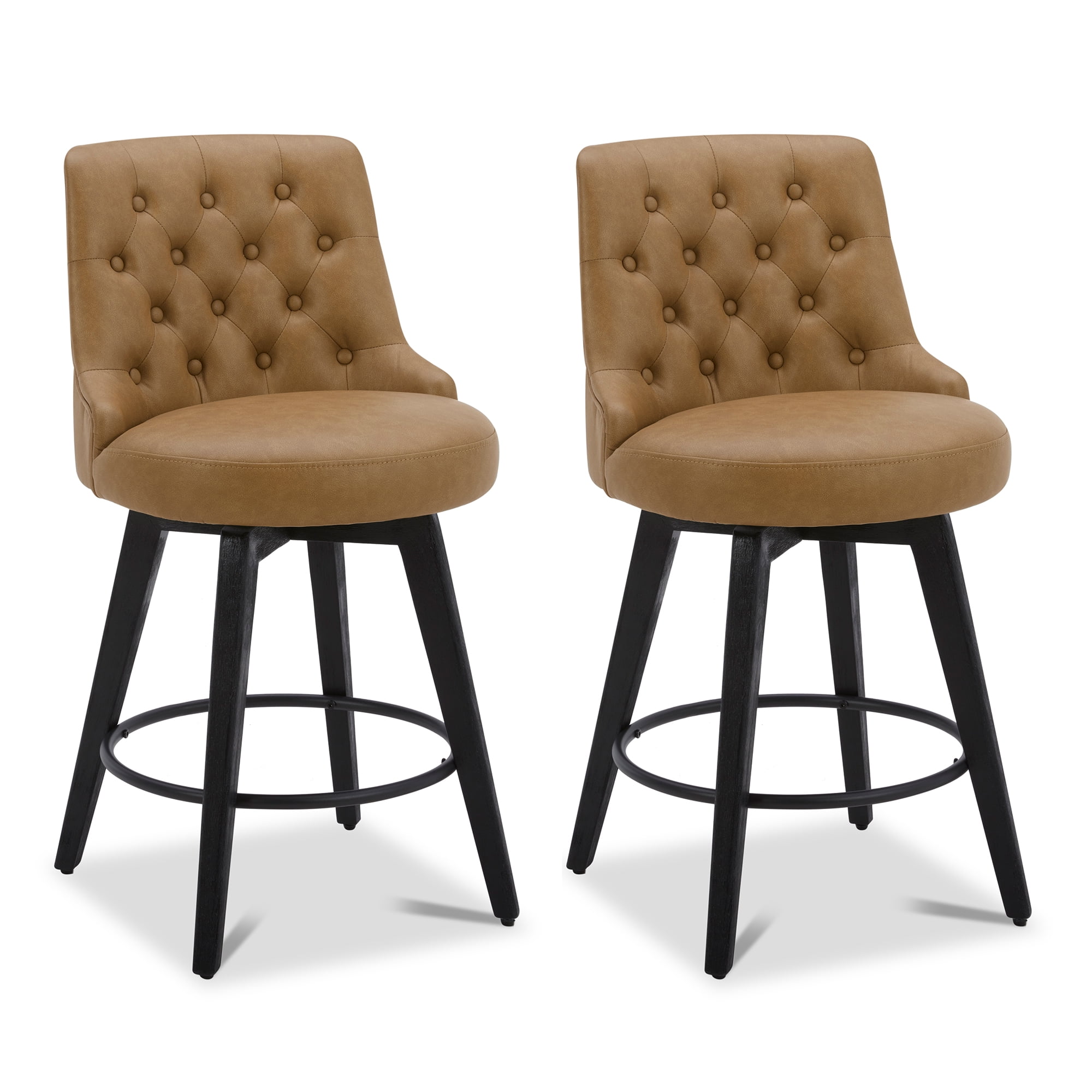 CHITA Swivel Counter Height Bar Stools Set of 2, Tufted Back, Faux Leather in Cognac Brown