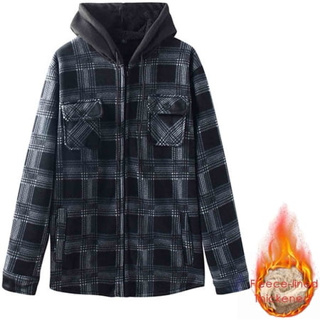 Men s Fleece Lined Flannel Shacket Hooded Plaid Shirt Jacket Heavyweight Full Zip Warm Workwear Outerwear with Pockets for Fall Winter Outdoor Navy XL