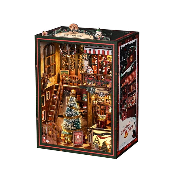 Ygakrkreit DIY Book Nook Kit, Christmas Shop Miniature House Bookend, Wooden 3D Puzzle Model with LED Lights, Vintage Scene Building Kit for Home Decor & Holiday Gifting
