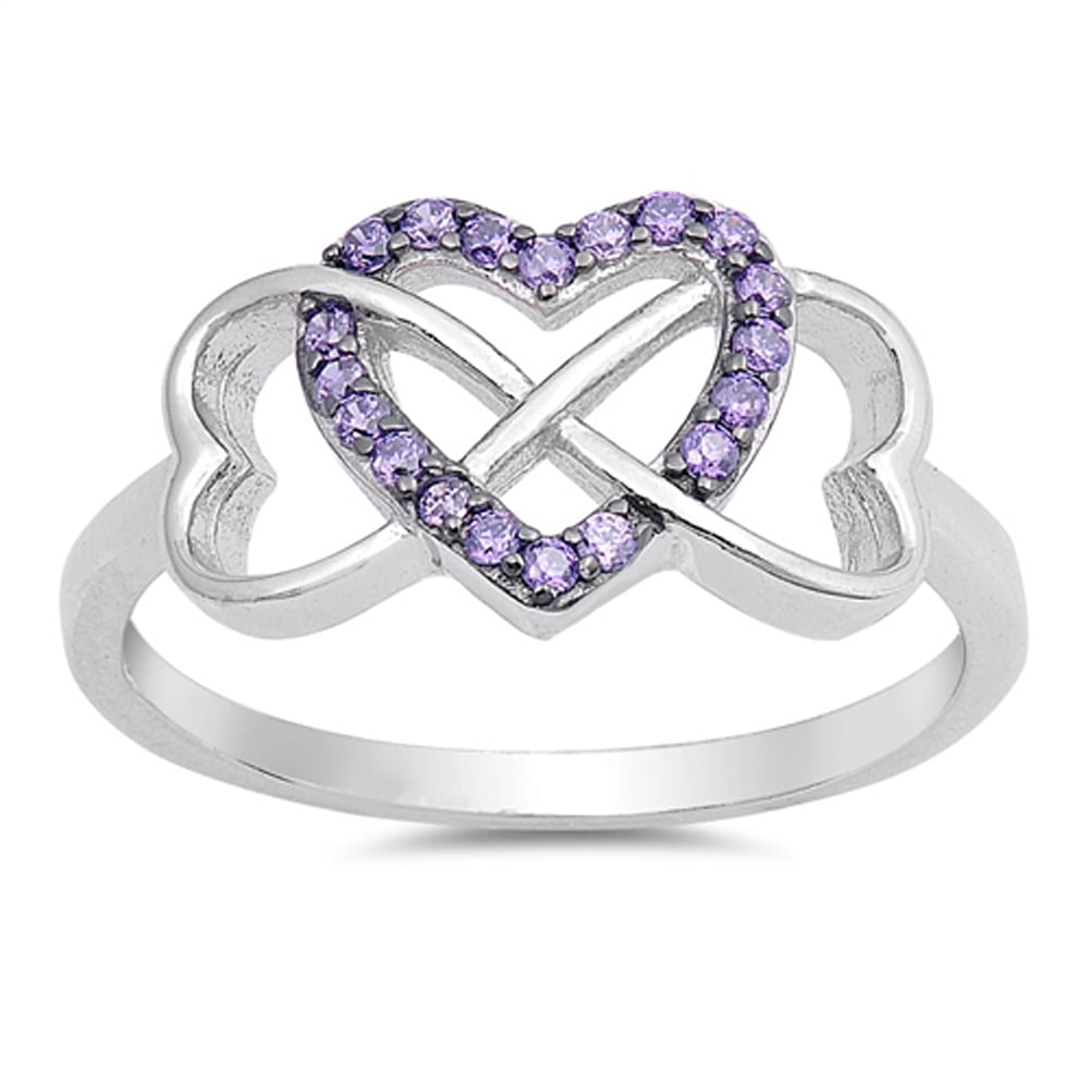 CHOOSE YOUR COLOR Infinity Heart Simulated Amethyst Promise Ring .925 Sterling Silver Band Purple CZ Female Size 8